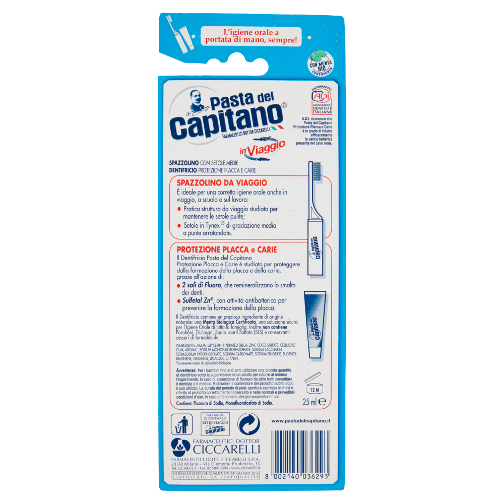 Pasta del Capitano in Viaggio Spazzolino Setole Medie + Dentifricio Protezione Placca e Carie 25 ml, , large
