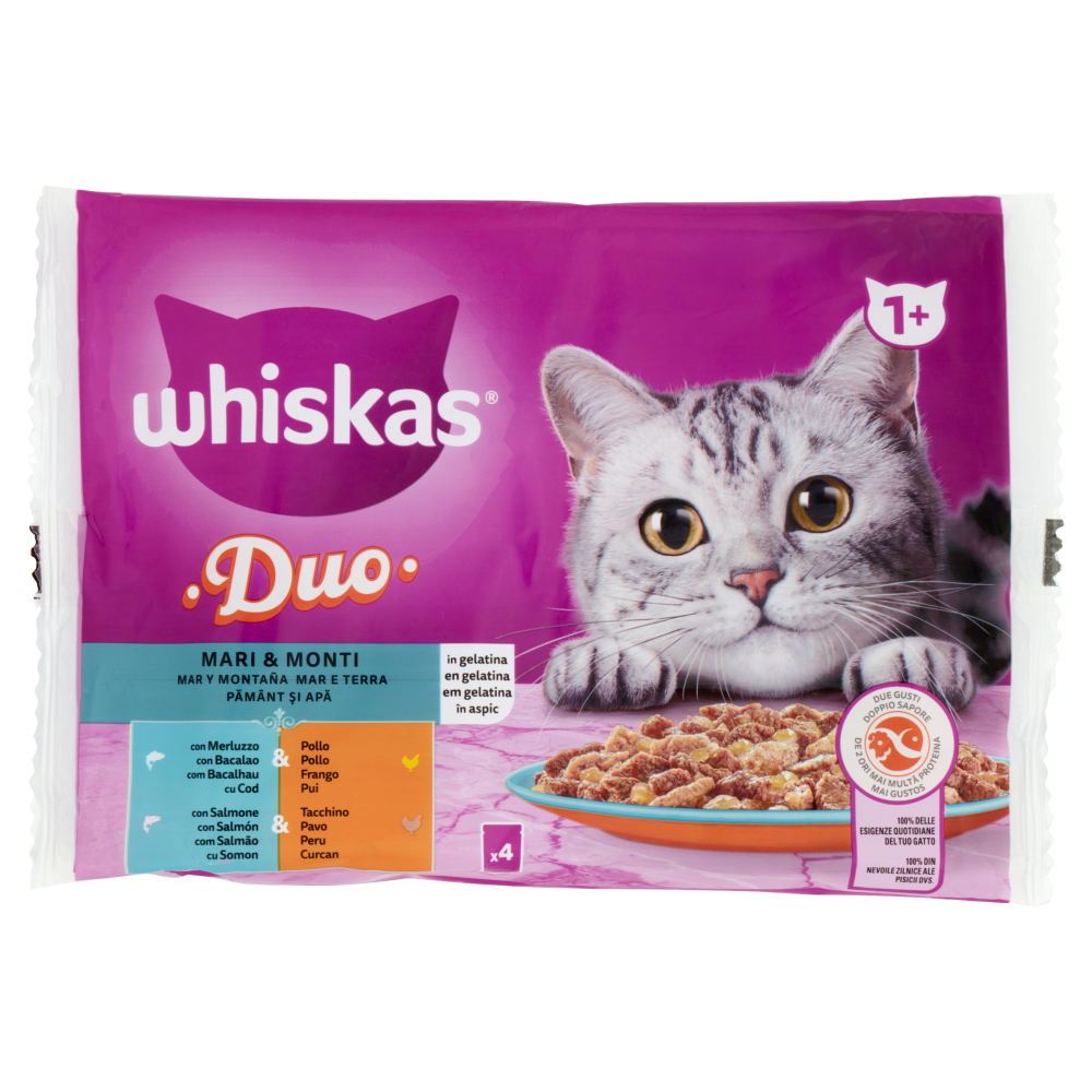 Whiskas Duo Mari & Monti in Gelatina, con Merluzzo & Pollo, con Salmone & Tacchino 4 x 85 g, , large