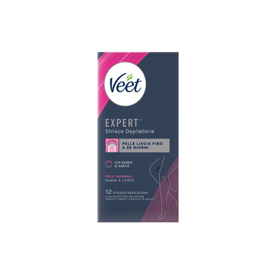 Veet Expert Strisce Corpo Pelli Normali 12 Strisce + Salviette Post-Epilazione con Olio D'Argan