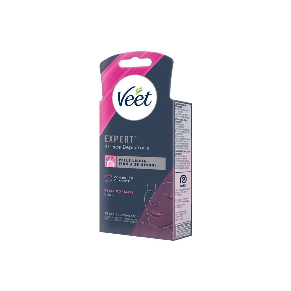 Veet Expert Strisce Viso Pelli Normali 12 Strisce + Salviette Post-Epilazione con Olio D'Argan - -