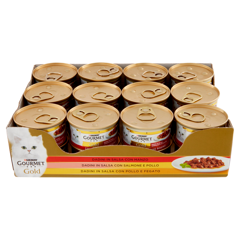 Gourmet Gold Dadini in Salsa con Manzo, con Salmone e Pollo, con Pollo e Fegato 85 g 24 Pezzi, , large