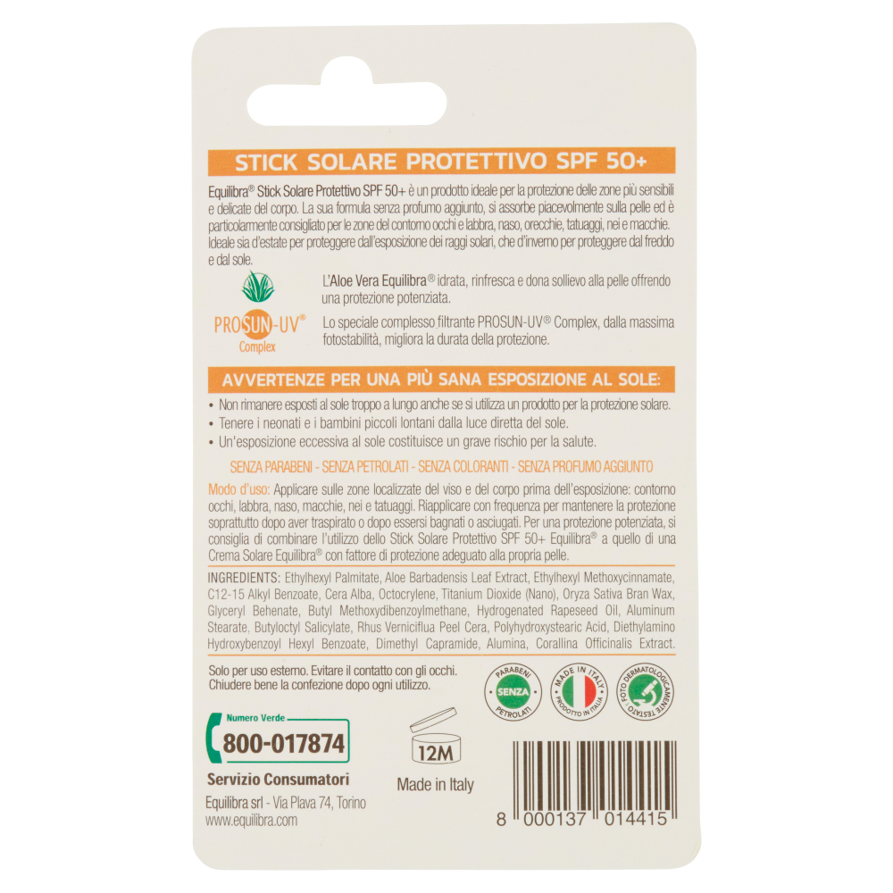 Equilibra Aloe Stick Solare Protettivo Spf 50+ 10 ml, , large