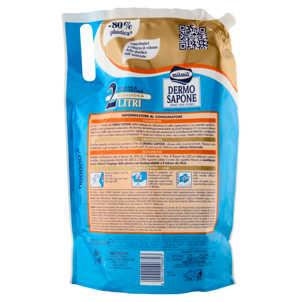 Milmil Dermo Sapone Delicatezza Avvolgente Ricarica Universale Ecologica 2 Litri, , large