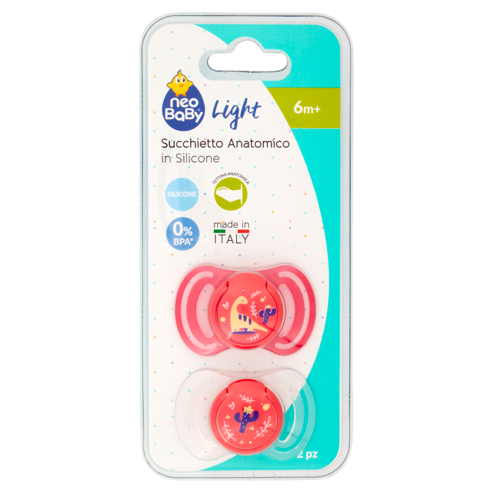 Neo Baby Light Succhietto Anatomico in Silicone 6m+ Dino Rosa 2 Pezzi, , large