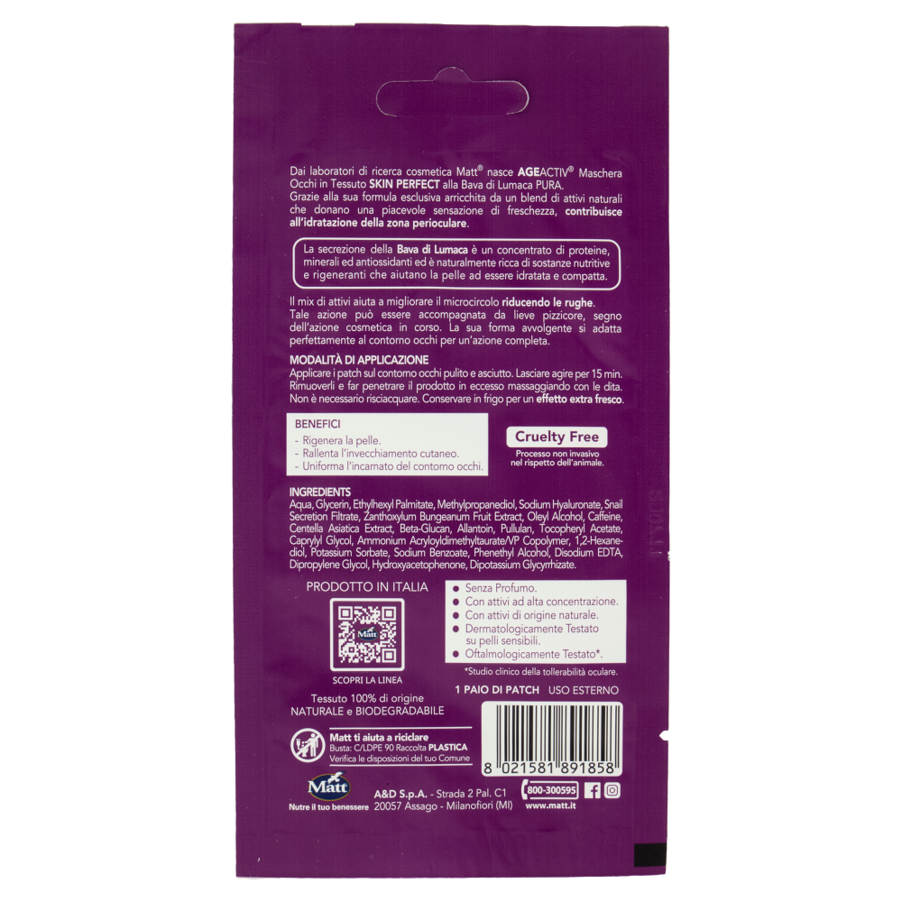 Matt Age Activ Skin Perfect Maschera Occhi in Tessuto Rughe-Borse-Occhiaie Bava di Lumaca Pura 2 Pezzi, , large