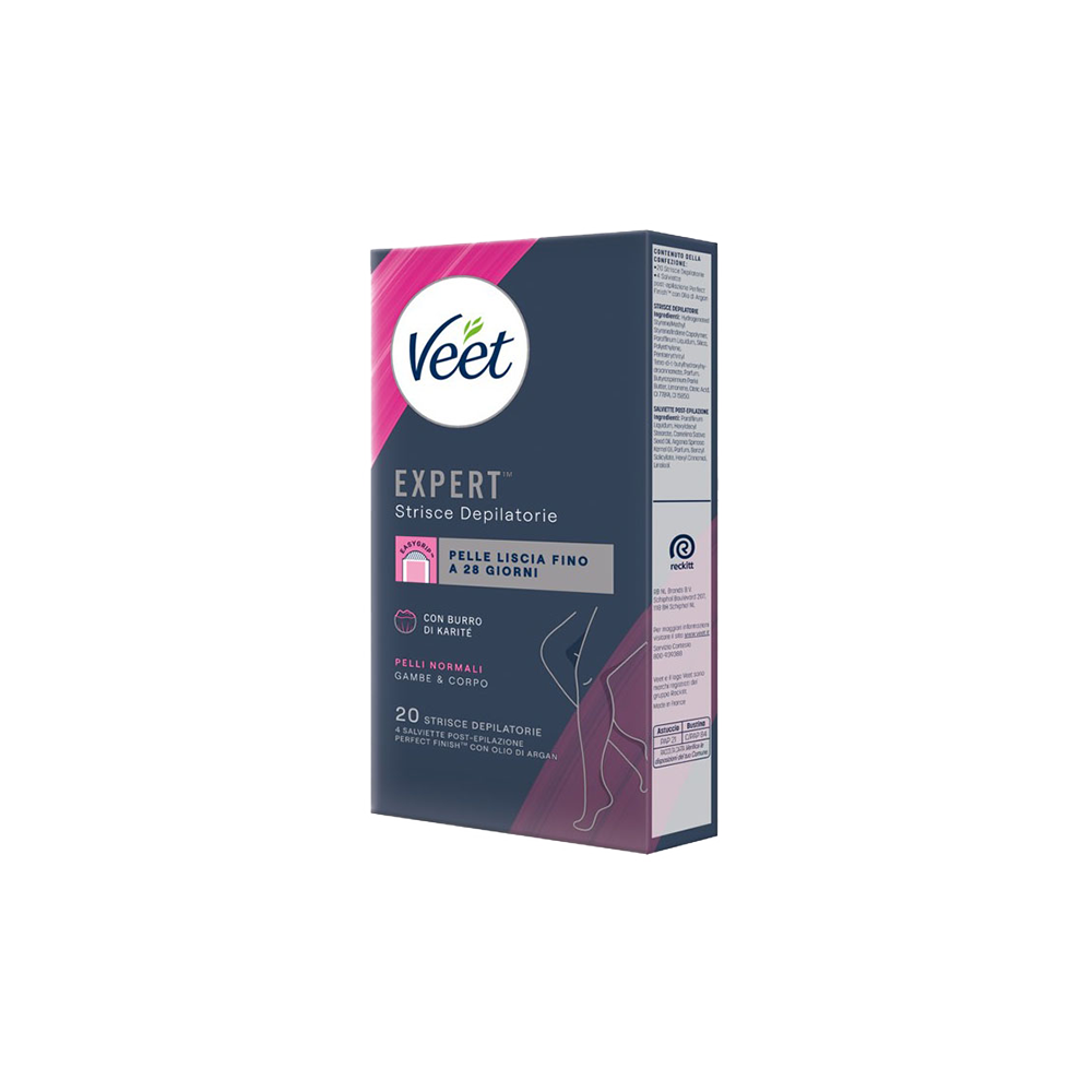 Veet Expert Strisce Corpo Pelli Normali 20 Strisce + Salviette Post-Epilazione con Olio D'Argan, , large