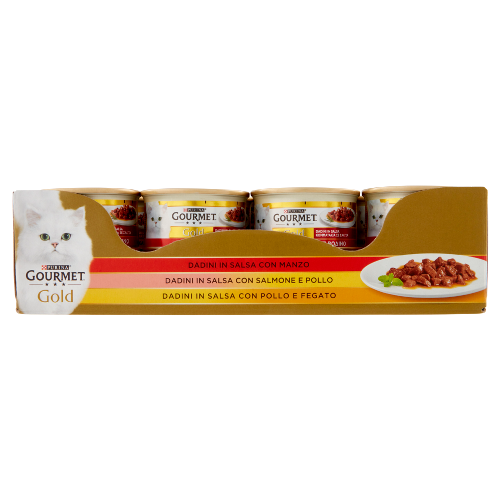 Gourmet Gold Dadini in Salsa con Manzo, con Salmone e Pollo, con Pollo e Fegato 85 g 24 Pezzi, , large