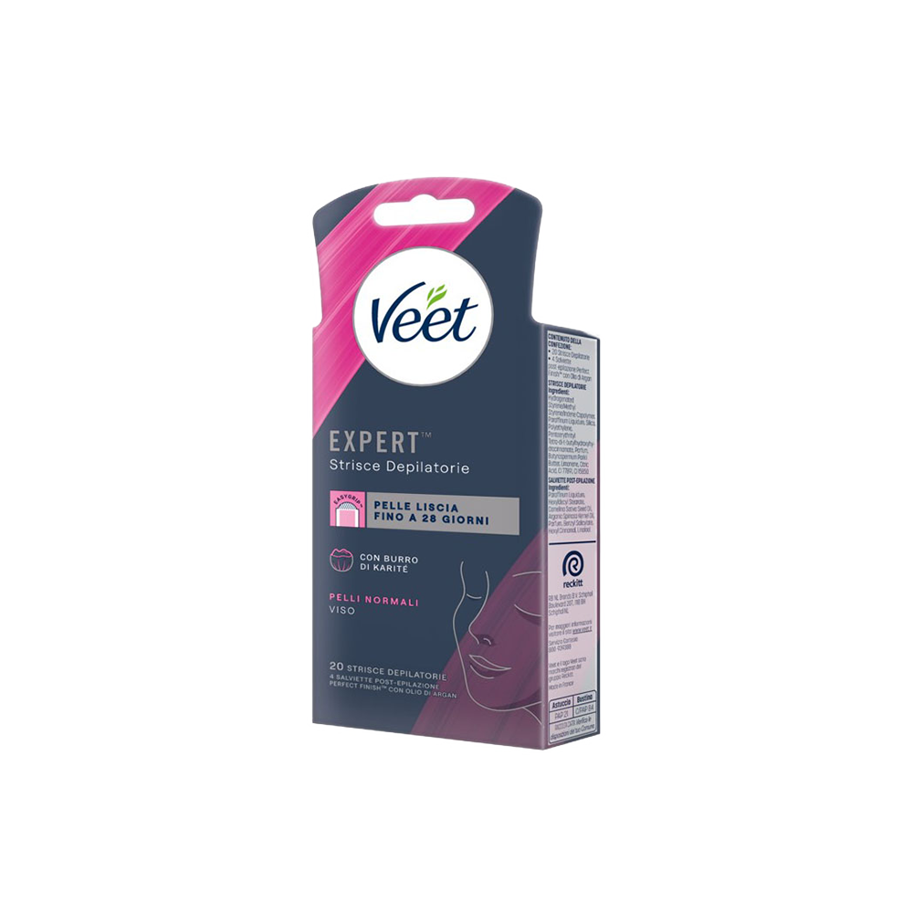 Veet Expert Strisce Viso Pelli Normali 20 Strisce + Salviette Post-Epilazione con Olio D'Argan, , large