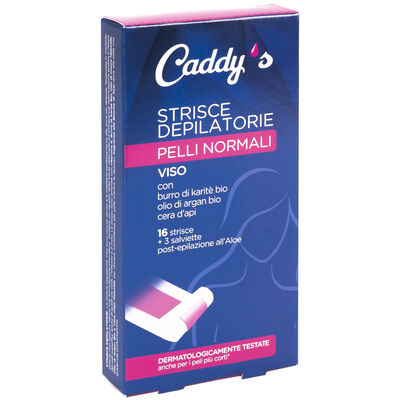 Caddy's Pelli Normali Strisce Depilatorie Viso 16 Pezzi + 3 Salviette Post-Epilazione
