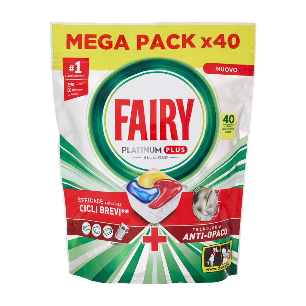 Fairy Pastiglie Lavastoviglie Platinum Plus All in One, Detersivo Piatti Limone, 40 Capsule 620 g, , large