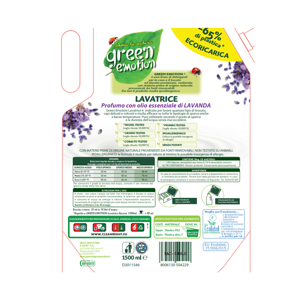 Green Emotion Lavanda Detersivo Lavatrice Ecoricarica 30 Lavaggi, , large