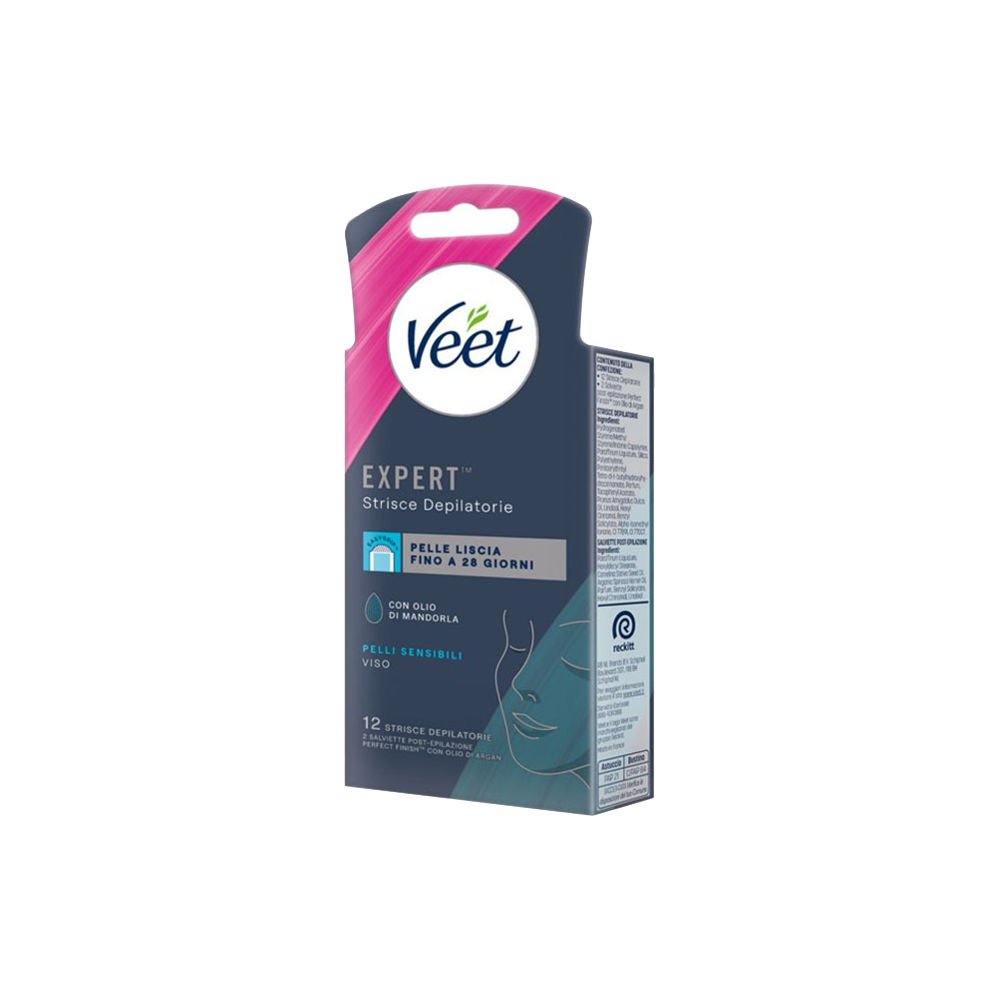 Veet Expert Strisce Viso Pelle Sensibile 12 Strisce + Salviette Post-Epilazione con Olio D'Argan - -