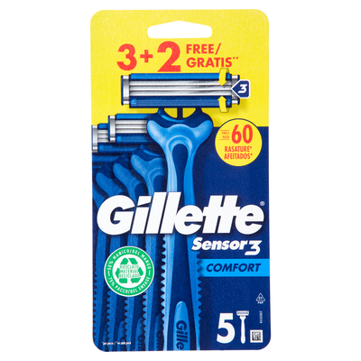 Gillette Sensor 3 Comfort Rasoio da Uomo Usa e Getta 3 Rasoi + 2 Gratis