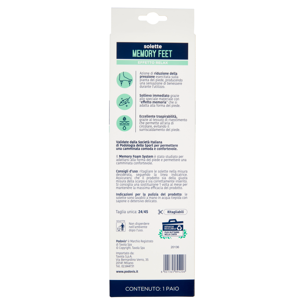 Podovis Comfort Solette Memory Feet Taglia Unica 24/45 1 Paio, , large