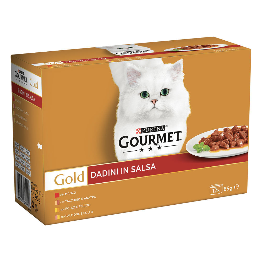 Gourmet Gold Dadini in Salsa con Manzo, Salmone, Anatra, Pollo 12 Lattine 85g - -
