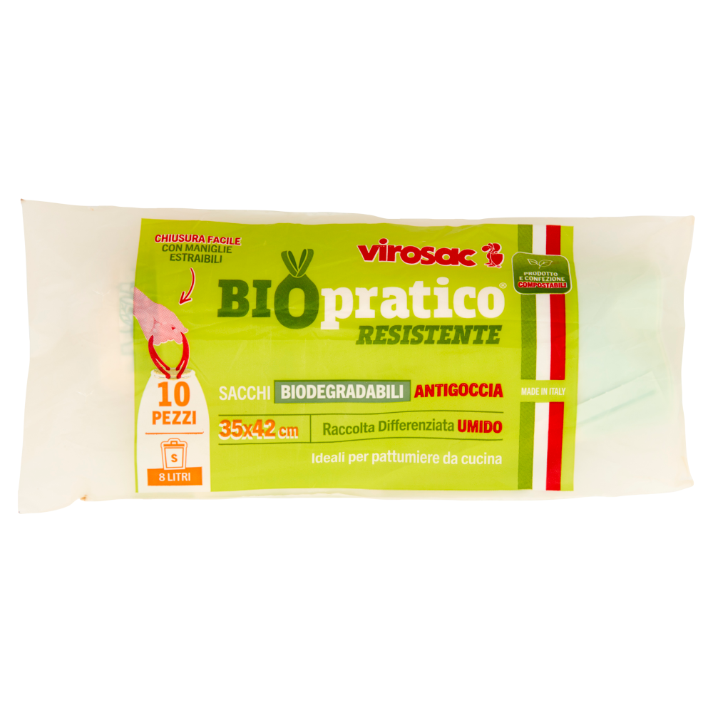 Virosac Biopratico Resistente Sacchi Biodegradabili Antigoccia 35x42cm 8 Litri S 10 Pezzi, , large