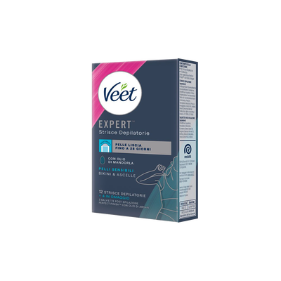Veet Expert Strisce Ascelle/Bikini Pelli Sensibili 12+4 Strisce + Salviette Post-Epilazione