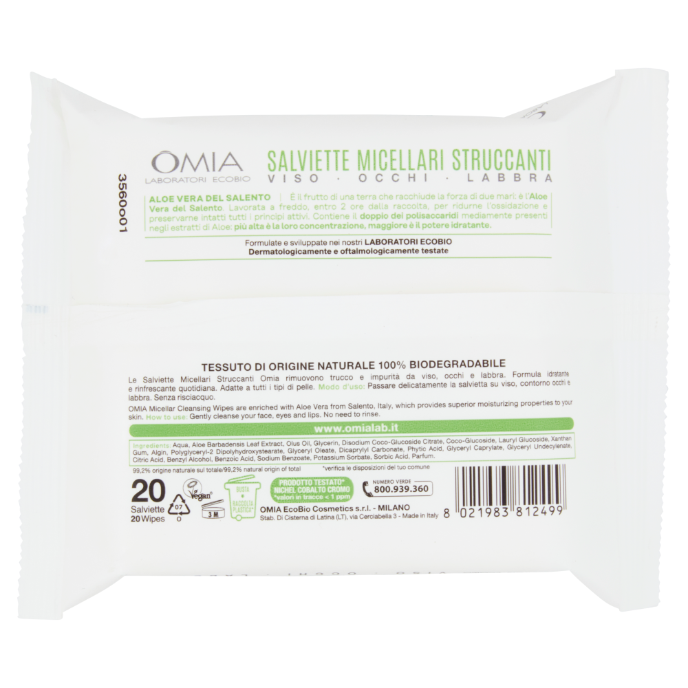 Omia Ecobio Aloe Vera Salviette Micellari Struccanti 20 Pezzi, , large