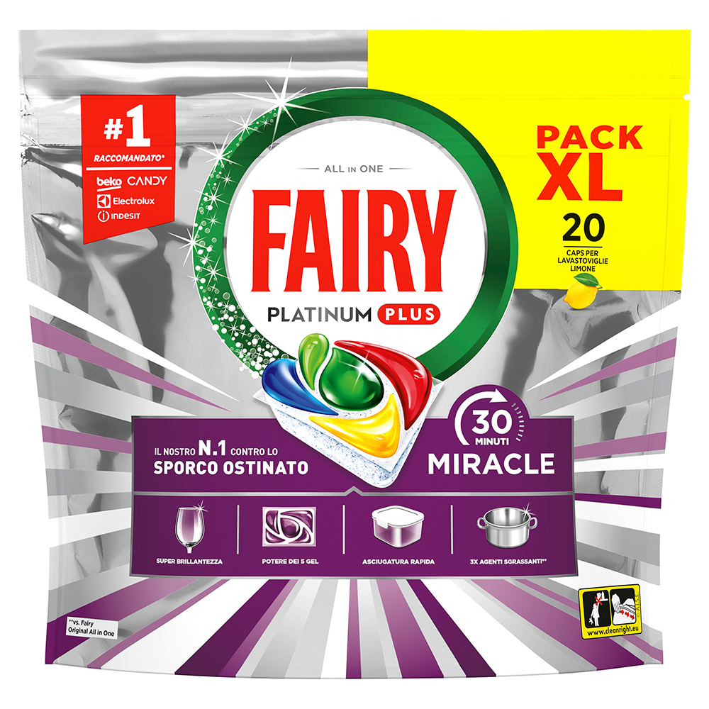 Fairy Miracle Yellow–Pastiglie per Lavastoviglie Tutto‑in‑1 al Limone 20 Caps - -