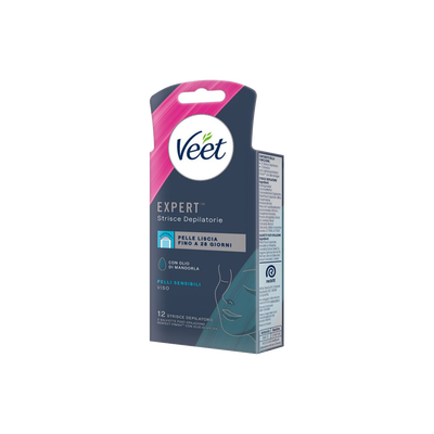 Veet Expert Strisce Viso Pelle Sensibile 12 Strisce + Salviette Post-Epilazione con Olio D'Argan