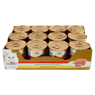 Gourmet Gold Cat Adult Mousse con Manzo, con Pesce dell'Oceano, con Pollo 85 g 24 Pezzi