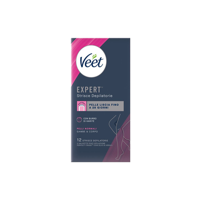 Veet Expert Strisce Corpo Pelli Normali 12 Strisce + Salviette Post-Epilazione con Olio D'Argan