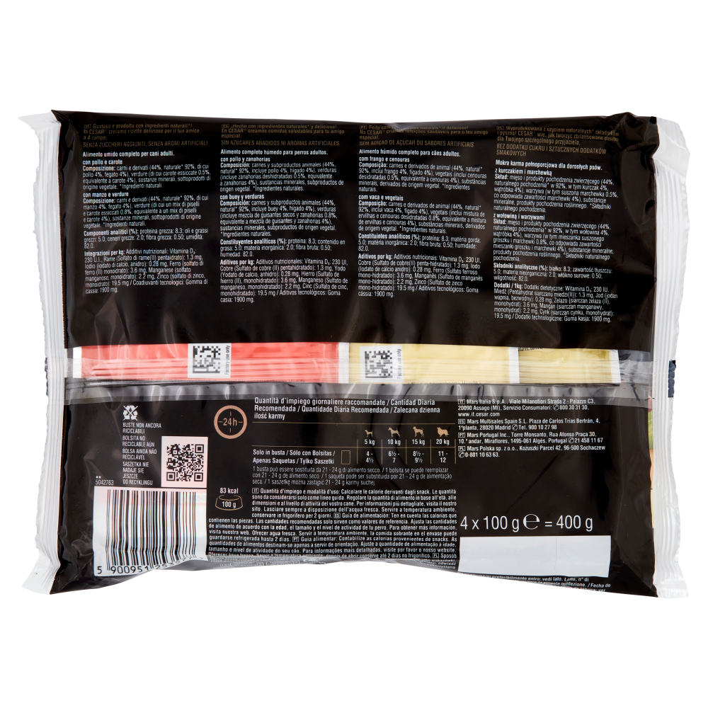 Cesar Dog Delizie del Giorno Multipack Pollo e Carote e Manzo e Verdure in Gelatina 4x100 gr, , large