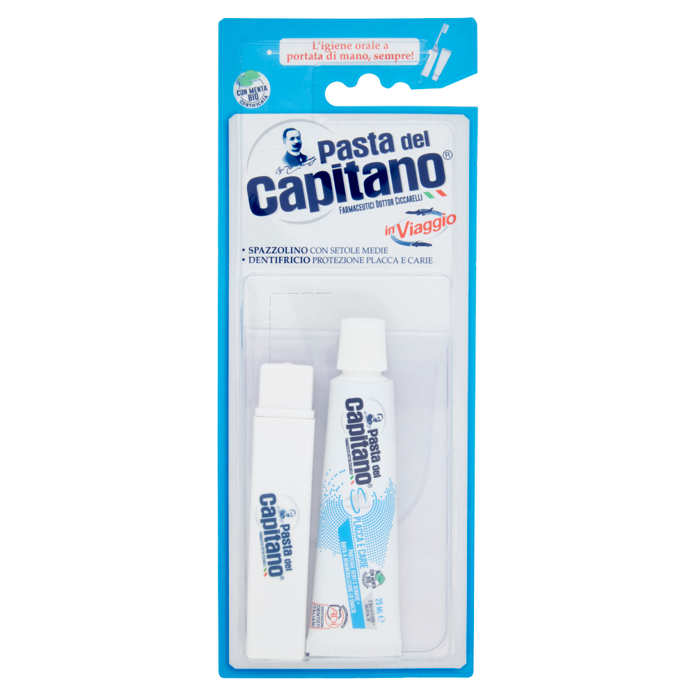Pasta del Capitano in Viaggio Spazzolino Setole Medie + Dentifricio Protezione Placca e Carie 25 ml - -