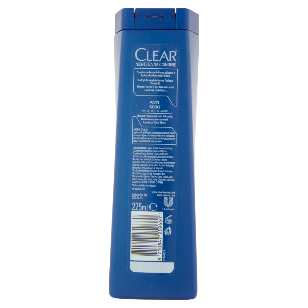Clear Men Shampoo Antiforfora Anti Sebo 225 ml, , large