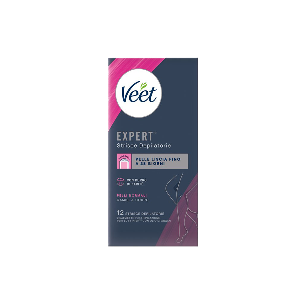 Veet Expert Strisce Corpo Pelli Normali 12 Strisce + Salviette Post-Epilazione con Olio D'Argan - -
