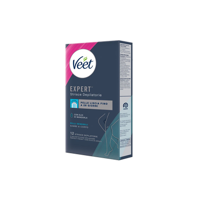 Veet Expert Strisce Corpo Pelli Sensibili 12 Strisce + Salviette Post-Epilazione con Olio D'Argan