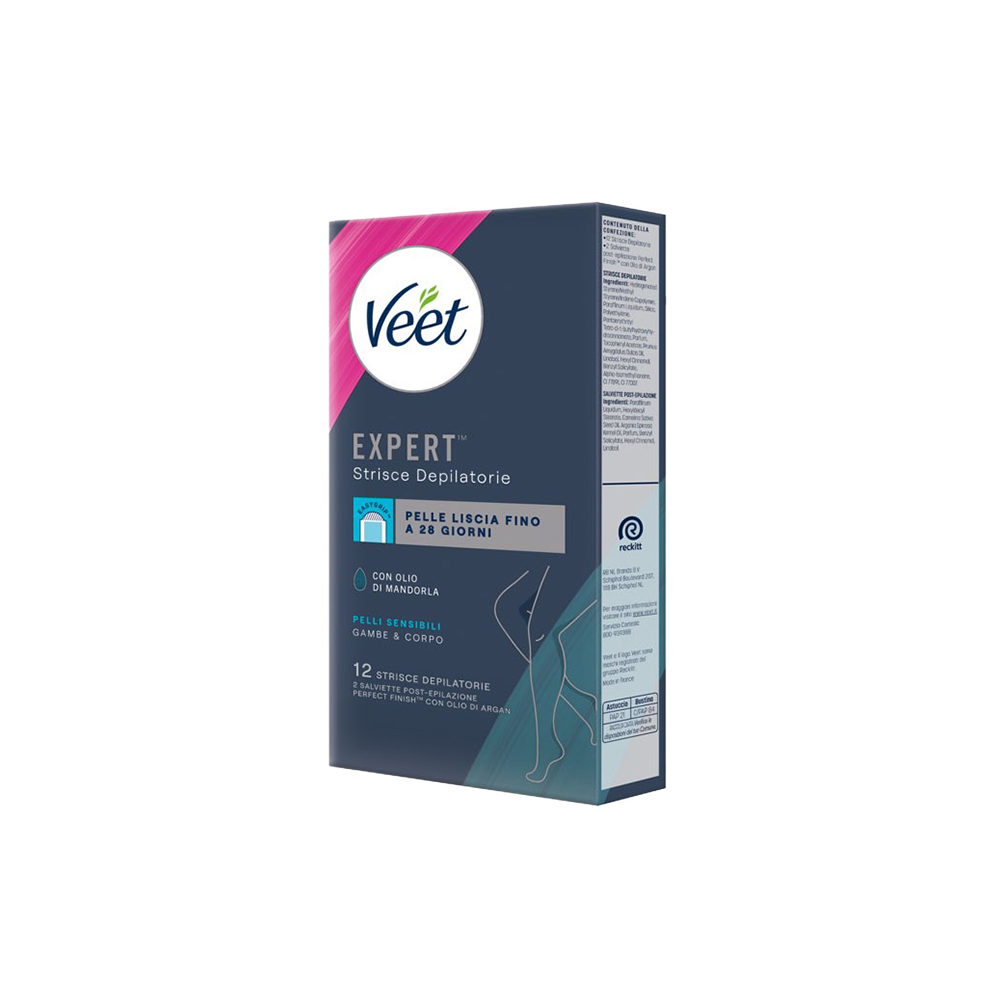 Veet Expert Strisce Corpo Pelli Sensibili 12 Strisce + Salviette Post-Epilazione con Olio D'Argan, , large
