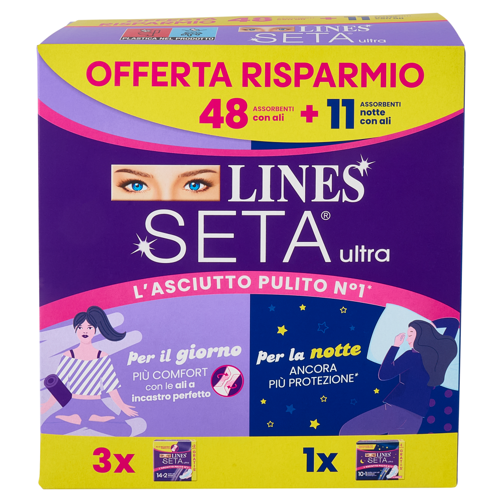 Lines Seta Ultra Assorbenti con Ali 48 Pezzi + Assorbenti Notte con Ali 11 Pezzi, , large