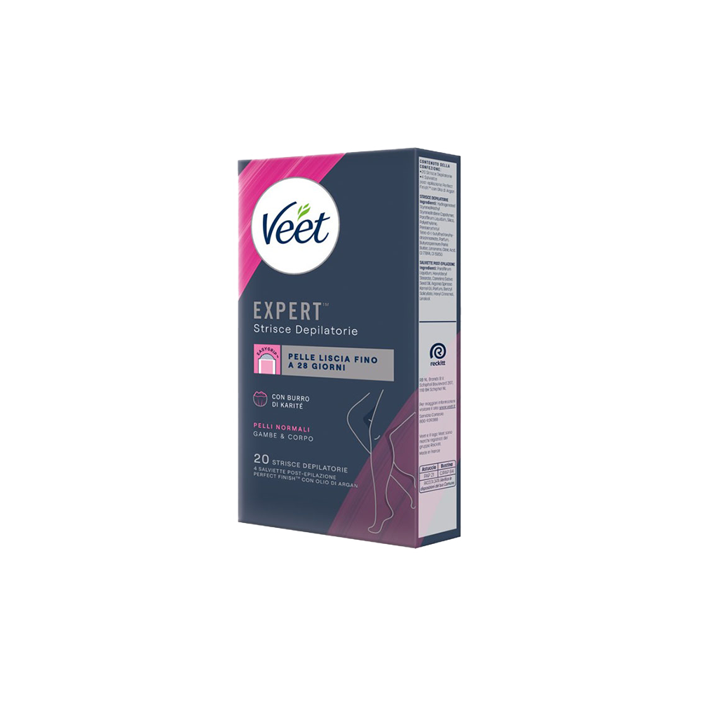 Veet Expert Strisce Corpo Pelli Normali 20 Strisce + Salviette Post-Epilazione con Olio D'Argan - -