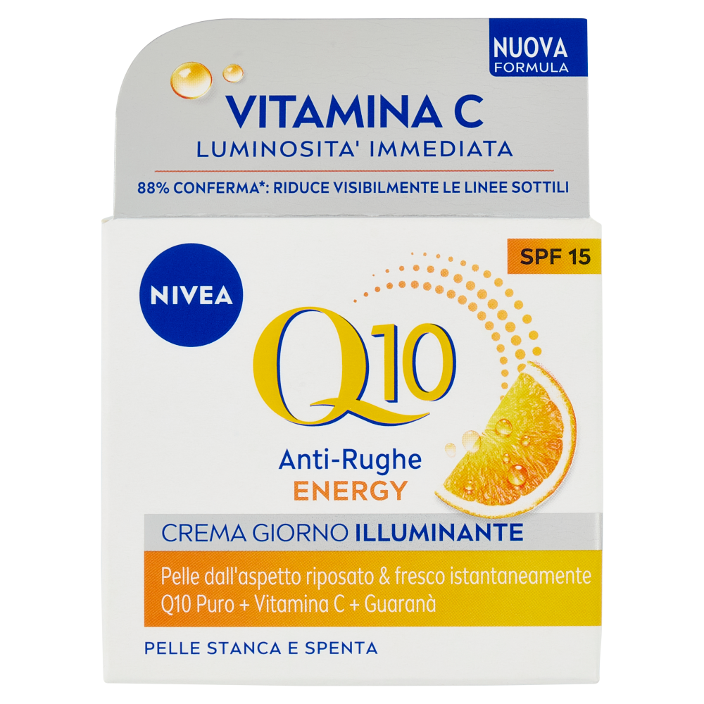 Nivea Q10 Anti-Rughe Energy Crema Giorno Illuminante Spf 15 50 Ml, Crema Viso Antirughe, Energizzante E Idratante, Crema Viso Vitamina C Arricchita Con Coenzima Q10 E Guaranà