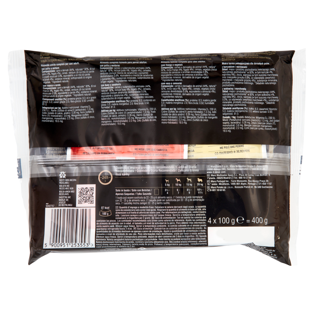 Cesar Dog Delizie del Giorno Multipack Pollo e Verdure e Manzo e Carote in Salsa 4x100 gr, , large
