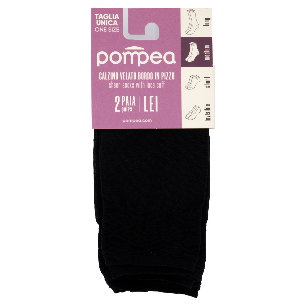 Pompea Lei Calzino Velato Bordo in Pizzo Taglia Unica Nero 2 Paia, , large