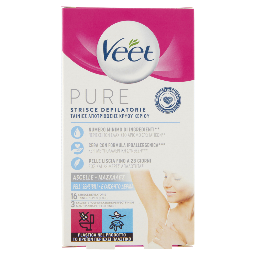 Veet Pure Strisce Depilatorie Ascelle 16 Pezzi + Salviette Post-Epilazione Idratanti, , large
