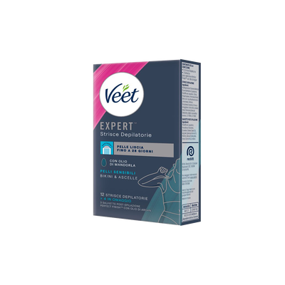 Veet Expert Strisce Ascelle/Bikini Pelli Sensibili 12+4 Strisce + Salviette Post-Epilazione
