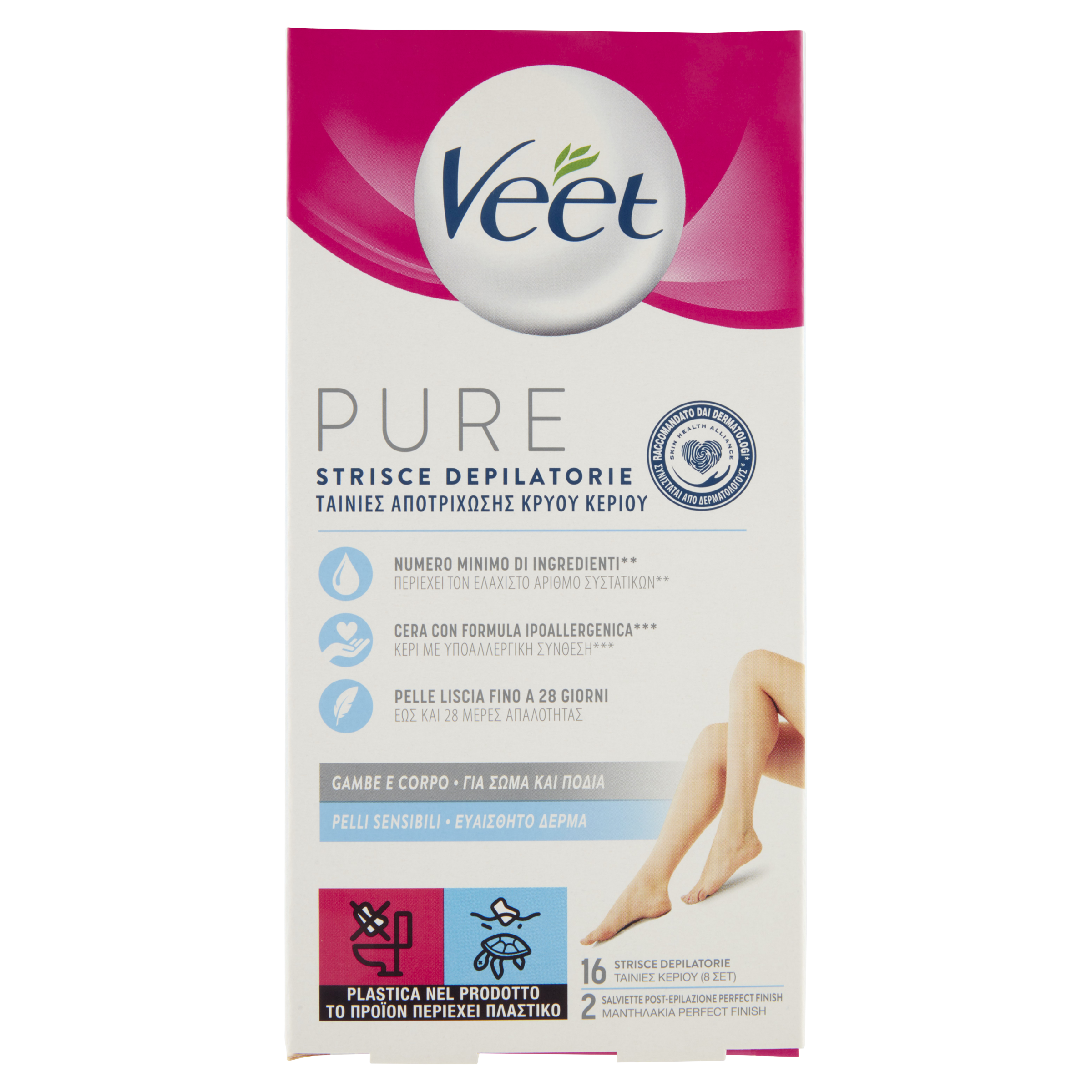 Veet Pure Strisce Depilatorie Gambe e Corpo 16 Pezzi + Salviette Post-Epilazione Idratanti - -