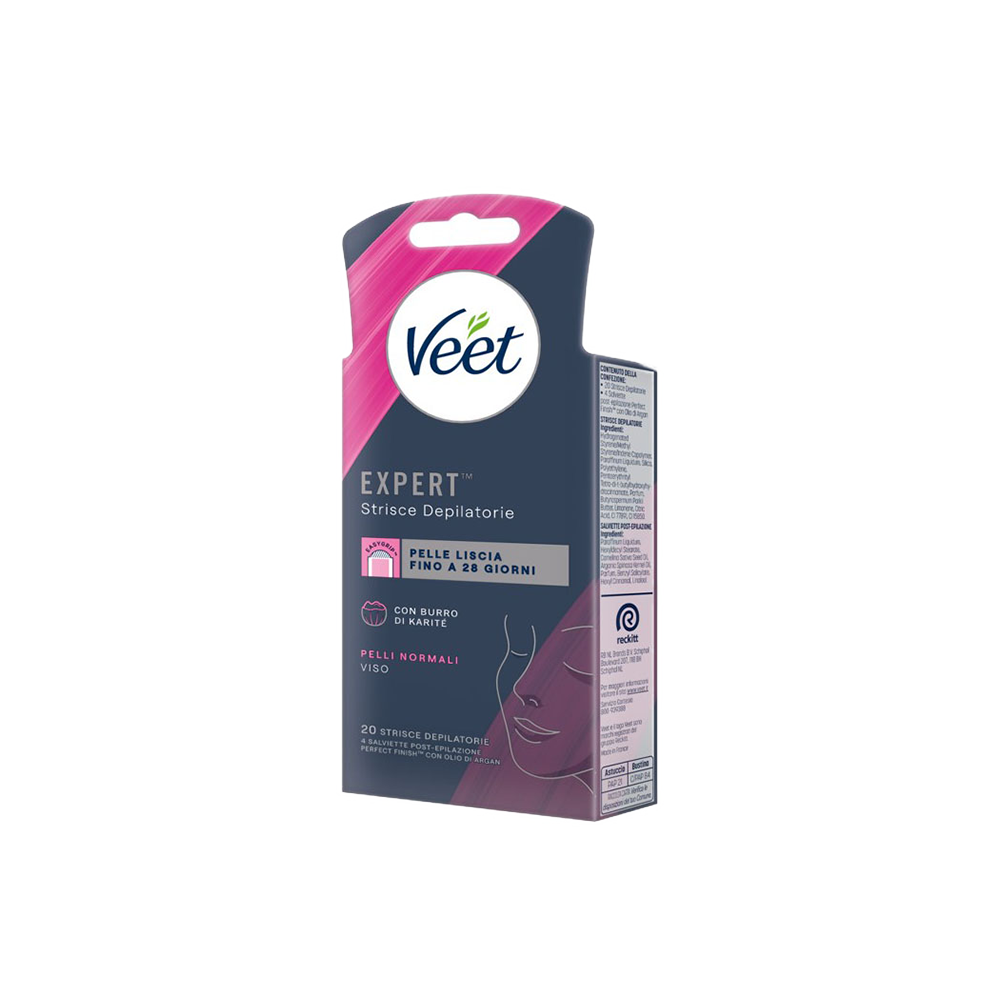 Veet Expert Strisce Viso Pelli Normali 20 Strisce + Salviette Post-Epilazione con Olio D'Argan - -
