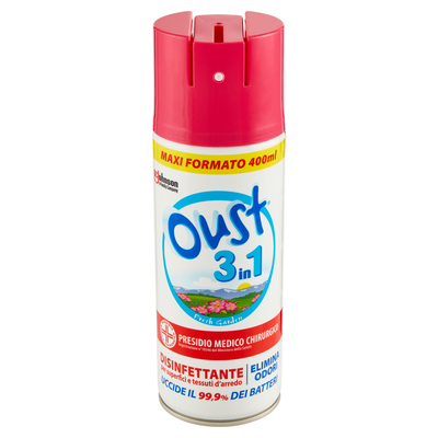 Oust 3 in 1  Spray Disinfettante per Superfici e Tessuti d'Arredo, Fragranza Floreale, 400ml