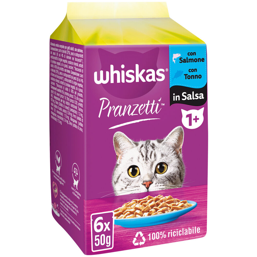 Whiskas Pranzetti Pesce in Salsa con Salmone e Tonno 6x50 gr, , large
