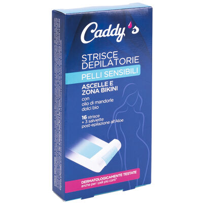 Caddy's Pelli Sensibili Strisce Depilatorie Ascelle e Bikini 16 Pezzi + 3 Salviette Post-Epilazione