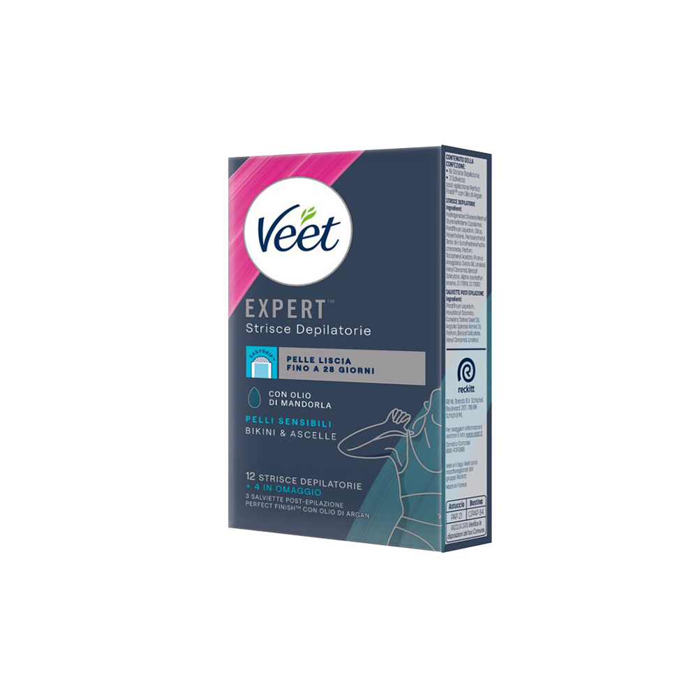 Veet Expert Strisce Ascelle/Bikini Pelli Sensibili 12+4 Strisce + Salviette Post-Epilazione - - - Immagine 1