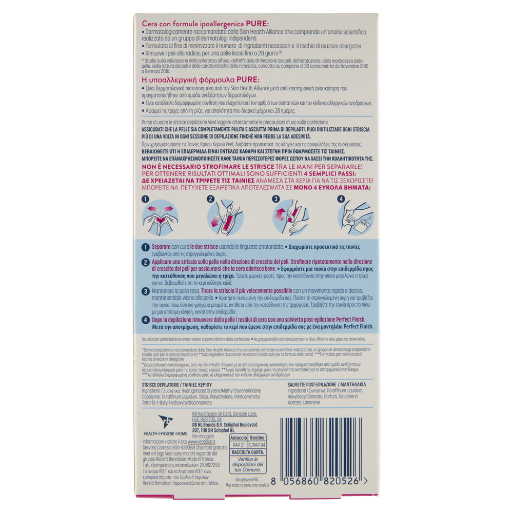 Veet Pure Strisce Depilatorie Gambe e Corpo 16 Pezzi + Salviette Post-Epilazione Idratanti, , large