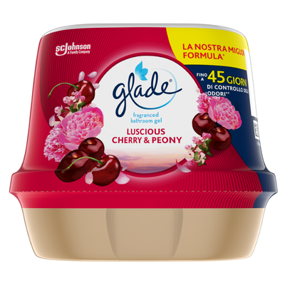 Glade Gel Bagno, Profumatore per ambienti, Fragranza Luscious Cherry & Peony, Fino a 45 Giorni di Controllo degli Odori