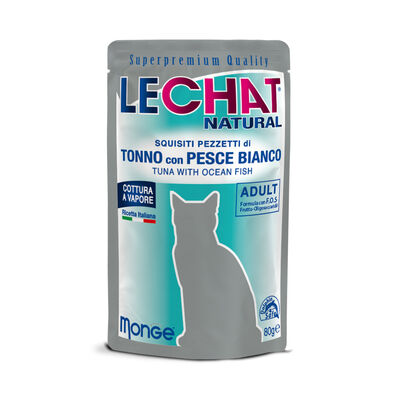 LeChat Natural Squisiti Pezzetti di Tonno con Pesce Bianco 80 g