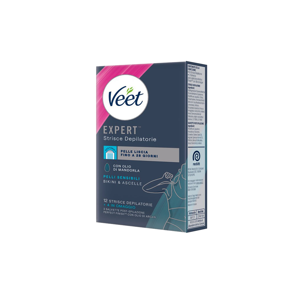 Veet Expert Strisce Ascelle/Bikini Pelli Sensibili 12+4 Strisce + Salviette Post-Epilazione, , large
