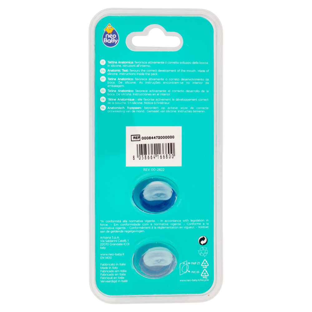 Neo Baby Light Succhietto Anatomico in Silicone 6m+ Dino Blu 2 Pezzi, , large